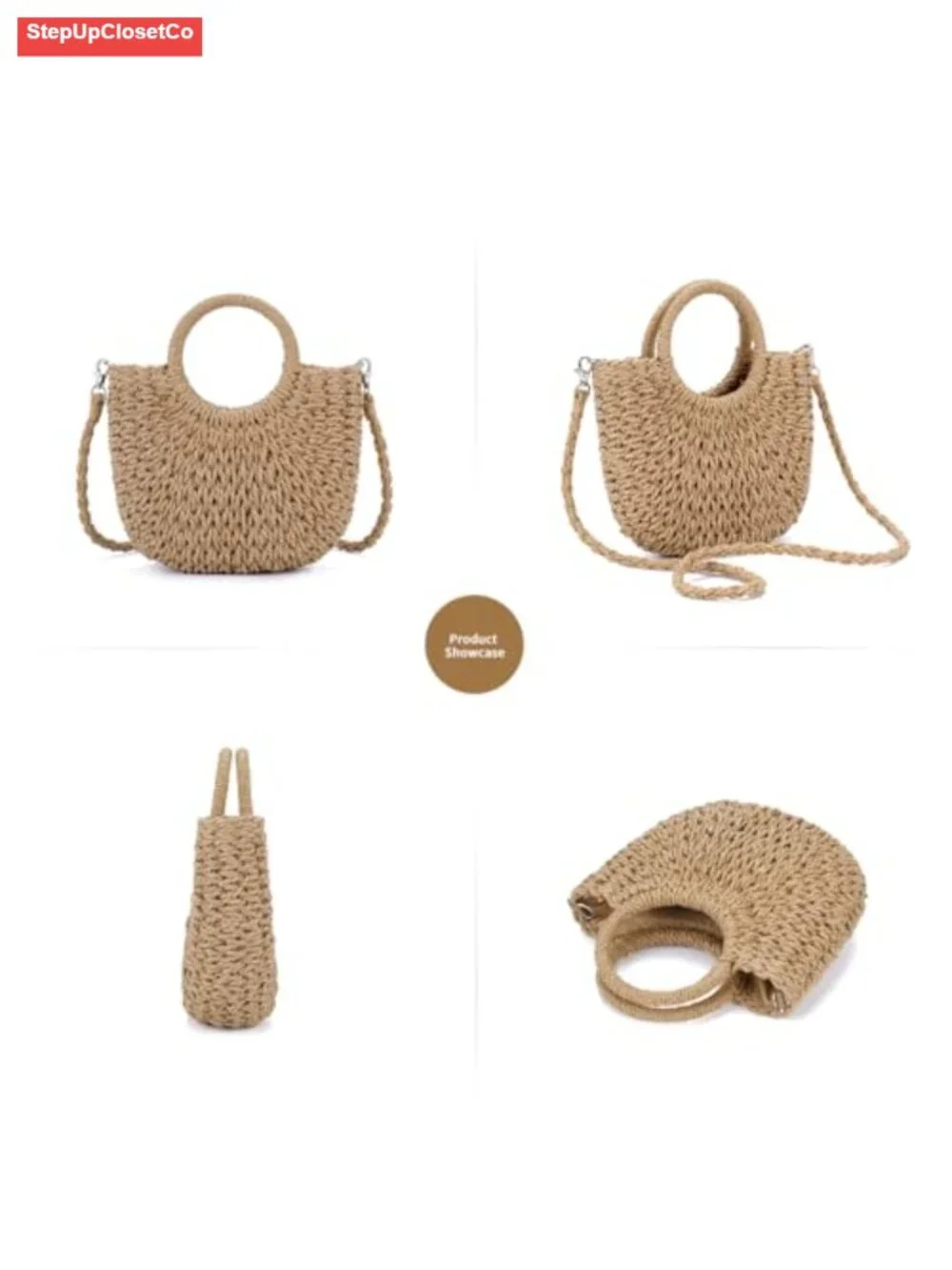 Straw Crochet Hobo Bag Handmade Woven Half Moon Shoulder Tote Summer Beach